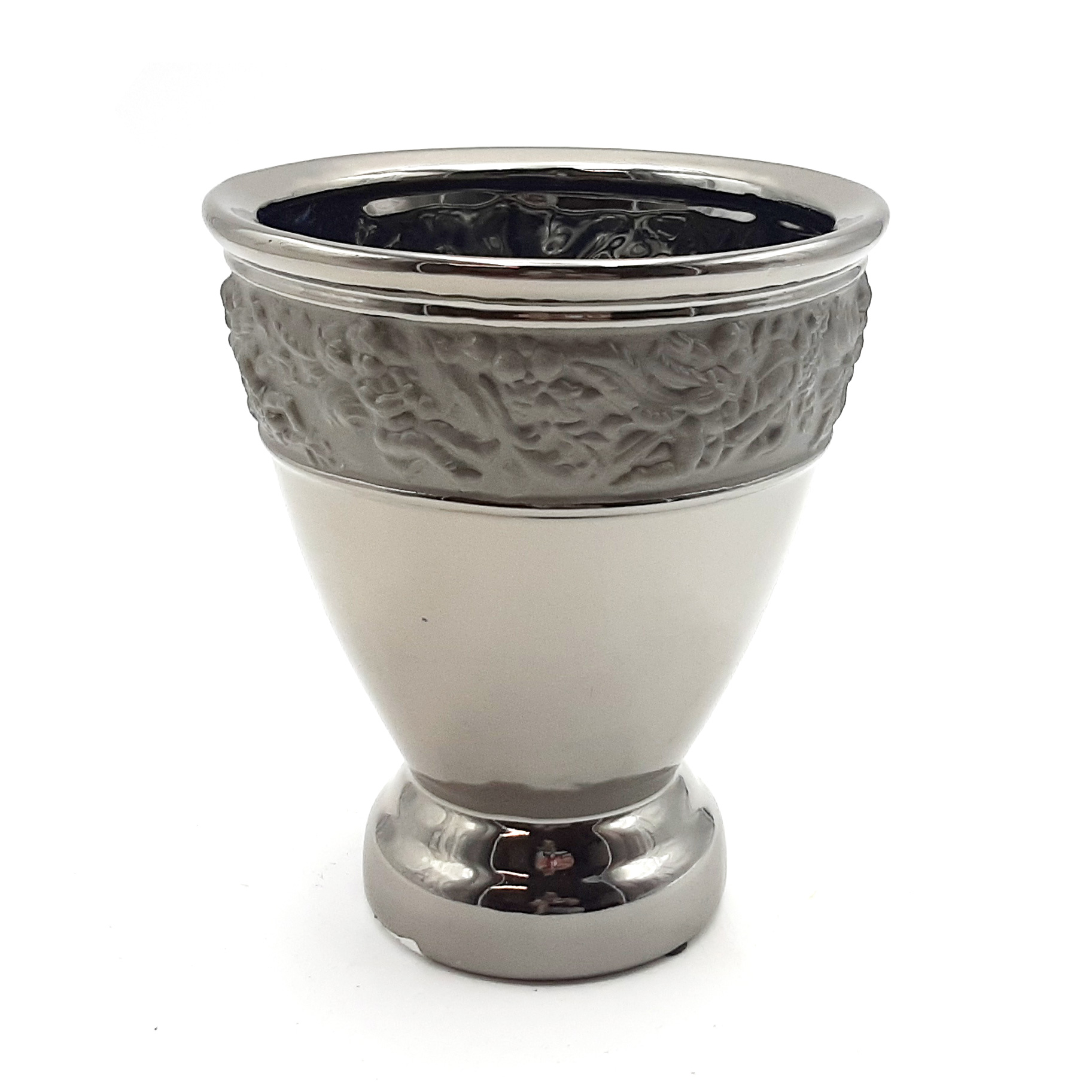 Vaso in ceramica argento anticato con fascia in rilievo
